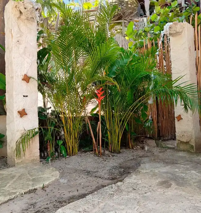 Rincón del jardín entre dos columnas de piedra caliza, con palmas y una flor roja de heliconia.